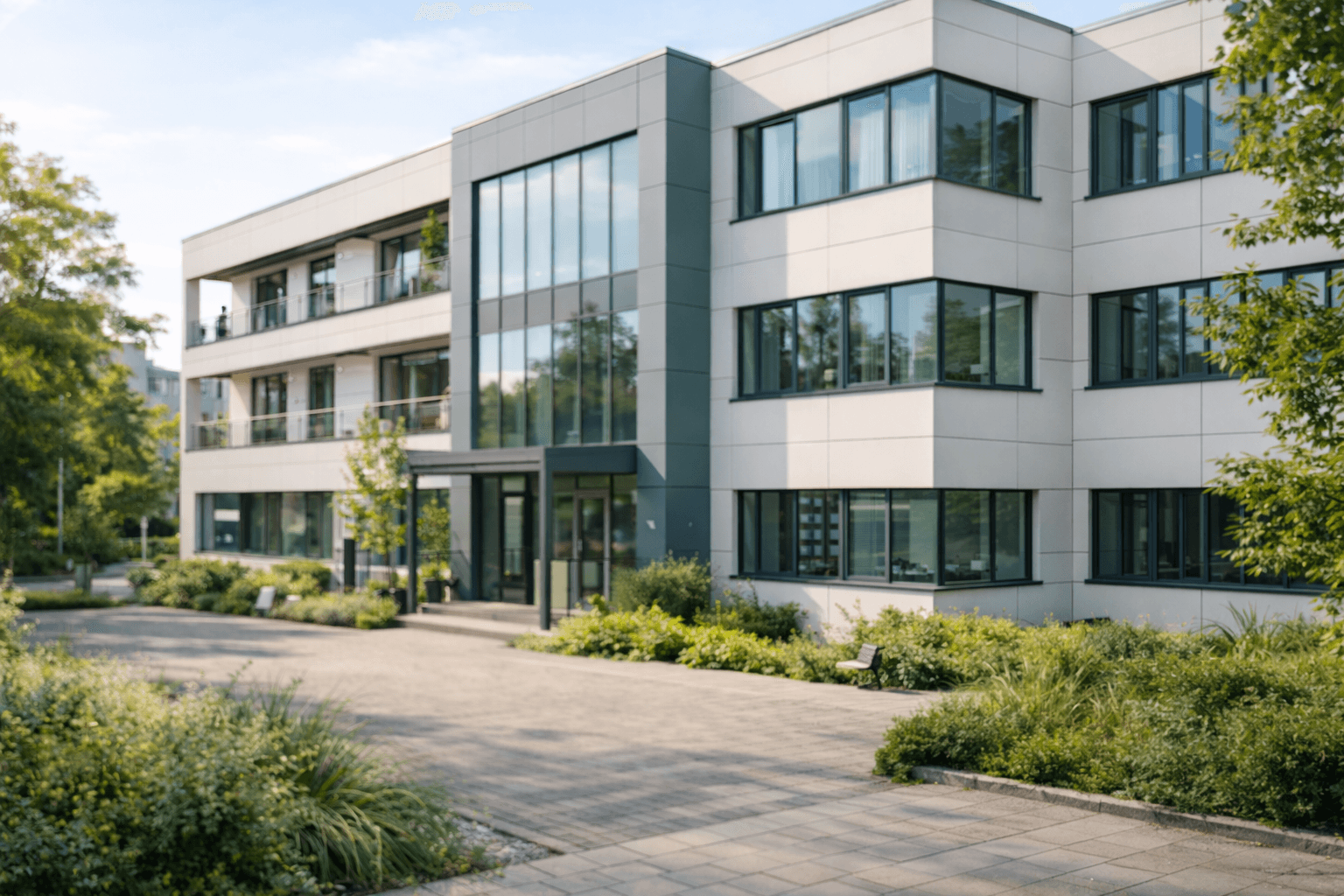 Modernes Gewerbegebäude mit energieeffizienter Architektur